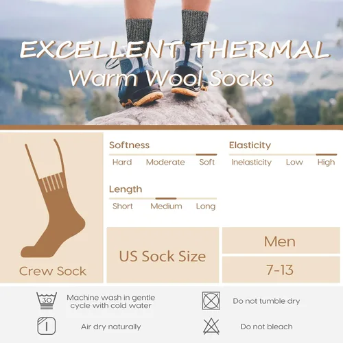 Vista 6 de Wool Socks Mens, Winter Thermal Socks for Men, Soft Crew Hiking Socks Warm Mens Socks fit US 7-13(5 Pairs) Warm Mens Socks fit US 7-13(5 Pairs) Warm