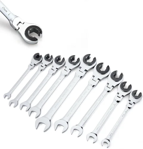 Vista 12 de Llave combinada de trinquete con cabezal flexible abierto, juego de 6 llaves de trinquete SAE con cabezal flexible de 180°, 72 engranajes de acero