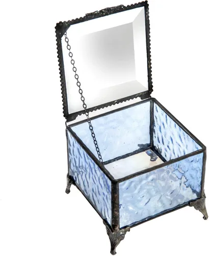 Vista 8 de Caja de cristal azul decorativa para joyería con anillo de exhibición, pulsera, aretes, organizador de almacenamiento, regalo de recuerdo para mamá