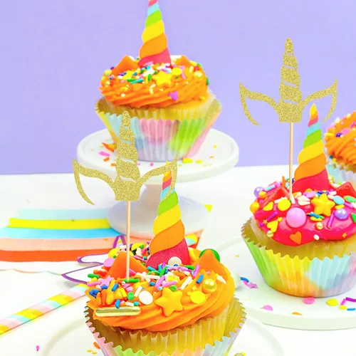 Vista 6 de 24 piezas de decoración de cupcakes de cuerno de unicornio para temática de unicornio, baby shower, cumpleaños, boda, compromiso, fiesta Cuerno