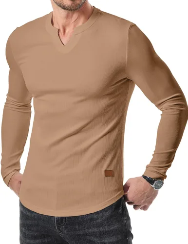 Vista 34 de JMIERR Camisetas de manga larga para hombre, estilo casual, cuello en V Negro+Blanco