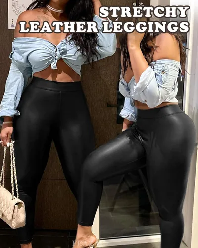 Vista 3 de Leggings elásticos de piel sintética para mujer, mallas sexis de piel sintética de cintura alta, mallas elásticas para moldear la cadera, *Clásico
