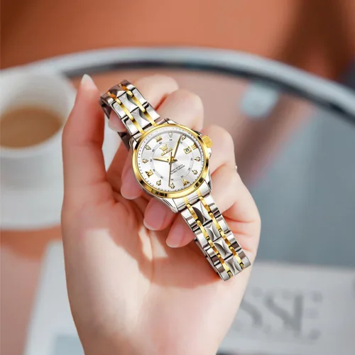 Vista 3 de OLEVS Relojes de diamante de lujo pequeños para mujer - Pulsera de acero inoxidable, impermeables, analógicos, luminosos, con fecha, relojes