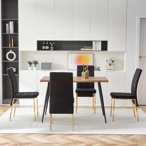 Vista 4 de Howtek Juego de mesa de comedor rectangular para 4, moderno de mediados de siglo con 4 sillas de cocina de terciopelo tapizado negro, juego de mesa
