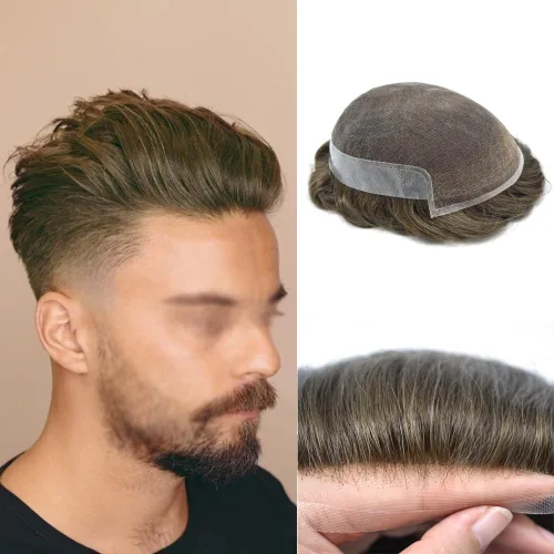 Vista 55 de Tupé para hombre con encaje suizo para hombre, sistema de reemplazo de cabello humano real, extensiones de nudo blanqueado para prótesis de cabello