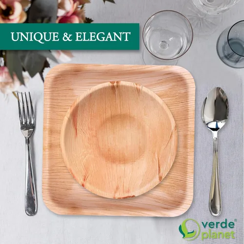 Vista 4 de Verde Planet - Platos desechables de hoja de palma - Sustitutos elegantes de la vajilla tradicional - Plato ideal para servir para primavera