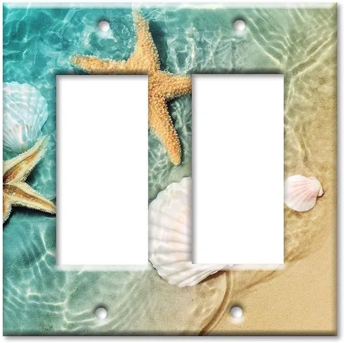 Vista 10 de Art Plates - Placa de interruptor de combinación de dos bandas - Toma de corriente - Palanca - Conchas de mar y peces estrella en piscina de mareas