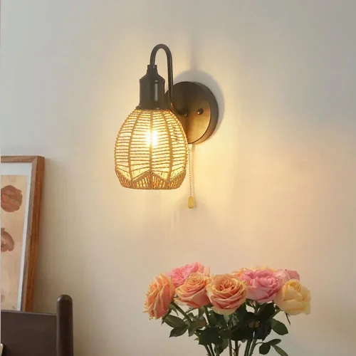 Vista 4 de Lámpara de pared de ratán, aplique de pared vintage de granja, lámpara de pared negra retro con tirador, iluminación interior cableada para sala