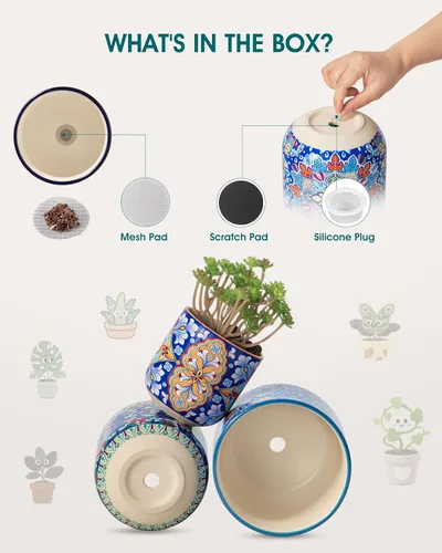 Vista 3 de vancasso Macetas de cerámica, 4+5+6 pulgadas, juego de 3, macetas con orificio de drenaje, macetas para plantas de interior, maceta moderna Bohemia