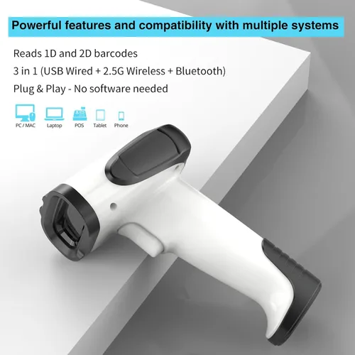 Vista 5 de Escáner de código de barras 2D portátil inalámbrico con soporte 3-en-1 Escáneres de código de barras Bluetooth - Inalámbrico, recargable, escáner