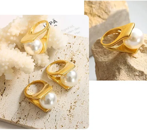 Vista 6 de OIDIMS Anillo de perlas exageradas de acero inoxidable en forma de Y, estilo único, anillos grandes personalizados, joyería de ajuste cómodo