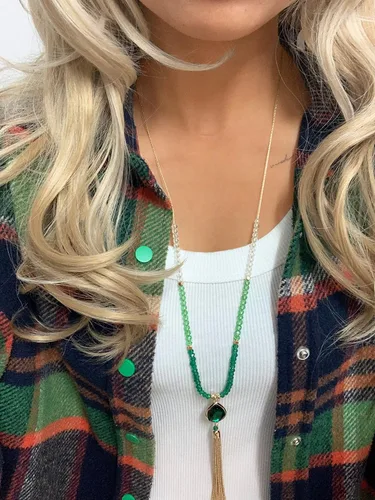 Vista 3 de Collar de borla larga con cuentas de cristal rosa, rojo, gris, champán, azul y verde para mujeres y niñas