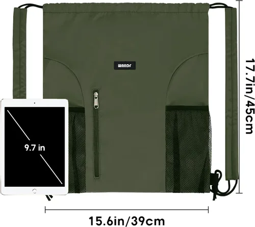 Vista 7 de WANDF Mochila con cordón y almohadilla para el hombro, mochila deportiva para gimnasio con bolsillo de malla para mujeres y hombres, Verde oscuro