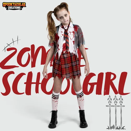 Vista 2 de Spooktacular Creations Disfraz de colegiala zombi, disfraz de zombi sangriento para niños, Halloween, escuela, fiesta de eventos