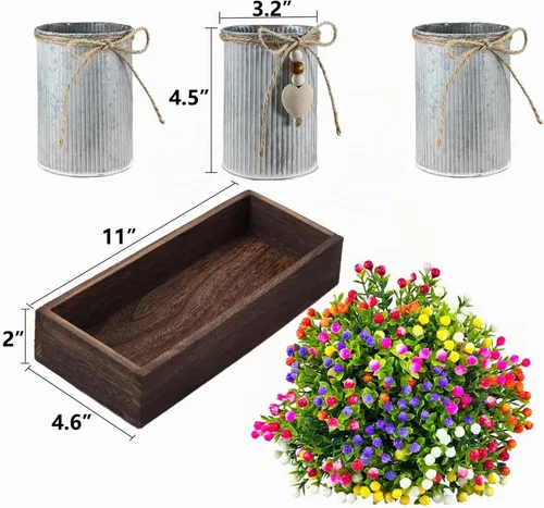 Vista 3 de Set de decoración de centro de mesa con flores artificiales, incluye 3 ramos falsos de Milán y bandeja de madera para decoración de escritorio