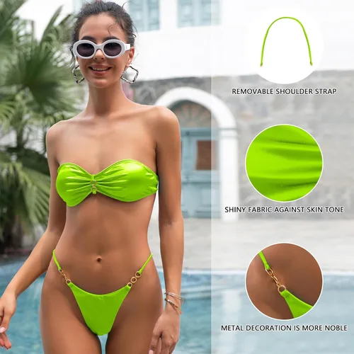 Vista 3 de Bikini sexy para mujer, 2 piezas, color sólido, traje de baño triangular