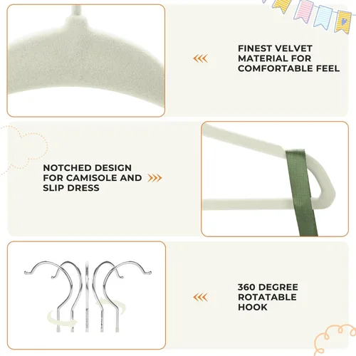 Vista 8 de Perchas de terciopelo para bebé con clips (paquete de 30) Perchas ultrafinas para ropa de bebé de 11 pulgadas Fieltro antideslizante Beige