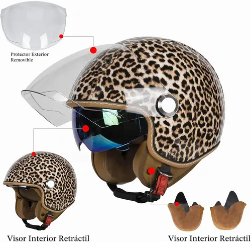 Vista 3 de Casco de motocicleta de cuero PU brillante vintage 3/4, con certificación DOT, con visor doble, casco de cara abierta, casco de media cara