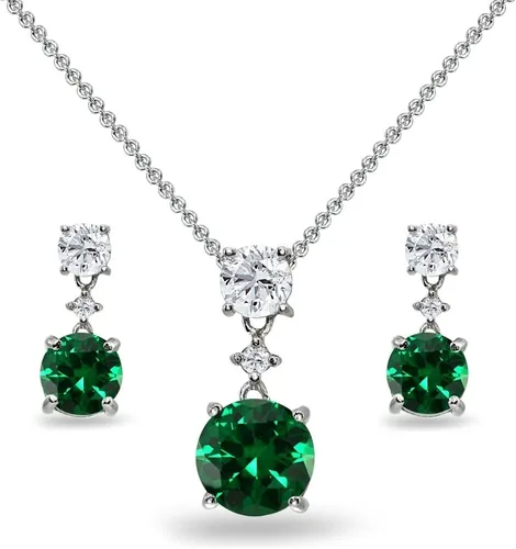 Vista 22 de B. BRILLIANT Plata esterlina genuina, creada o simulada con piedra preciosa y topacio blanco redondo, juego de collar y aretes colgantes de 3