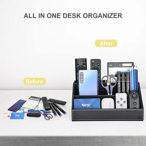 Vista 4 de KINGFOM™ Caja de almacenamiento y organizador de papelería multifunción para escritorio; estructura de madera y piel para la oficina del hogar; Negro