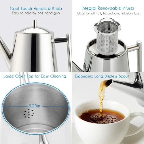 Vista 2 de Easyworkz Tetera de acero inoxidable con infusor extraíble de 27 oz, tetera para estufa para té de frutas, hierbas e infusión