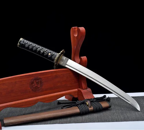 Vista 3 de Espada samurái japonesa Tanto de acero plegado de 21 pulgadas, mano de espiga completa, pequeña espada corta samurái para decoración del hogar