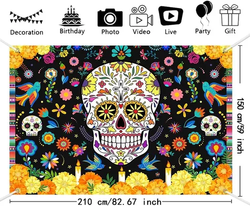 Vista 3 de MEHOFOND Telón de fondo del Día de los Muertos de 7 x 5 pies, diseño de calavera de azúcar Dia De Los Muertos, fondo de fotografía, Fieasta