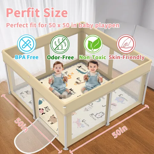 Vista 2 de Tapete de juego para bebé para suelo, tapete de corral de 50 x 50 pulgadas, suave, portátil, antideslizante, lavable a máquina, compañero de juego