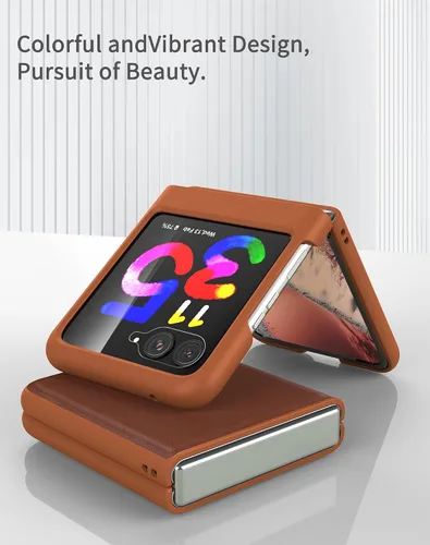 Vista 7 de Funda delgada de piel sintética para Motorola Razr Plus 2023, [cubierta frontal transparente + parte trasera de cuero duro de policarbonato] Marrón