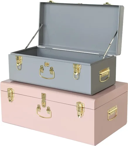 Vista 12 de Vixdonos Juego de 2 baúles decorativos de metal grande, organizador de dormitorio universitario con cerrojos y asa para decoración del hogar, 23.7 x