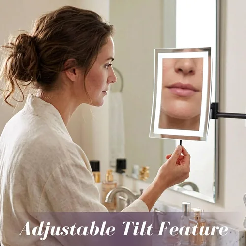 Vista 7 de JERDON Espejo de maquillaje rectangular para montaje en pared con aumento 5X, espejo de maquillaje de alambre directo con luces LED, negro mate