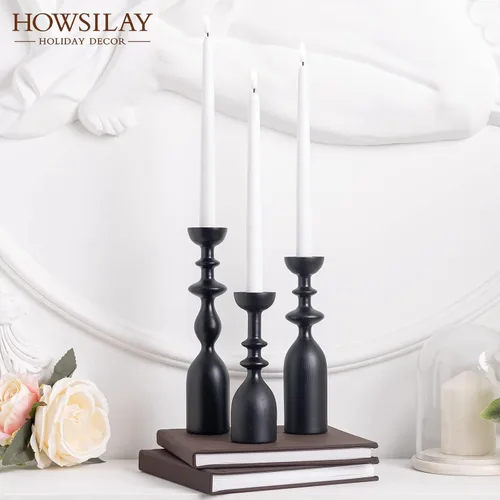 Vista 6 de HOWSILAY Portavelas de Madera para Centro de Mesa Candelabros Negros - Portavelas Rústicos que se Ajustan a Velas Cónicas de 3/4" o 7/8" y Velas