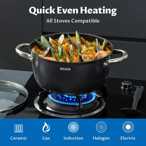 Vista 4 de BEZIA Juego de utensilios de cocina de inducción de 15 piezas, ollas y sartenes antiadherentes con revestimiento de cerámica, juego de ollas