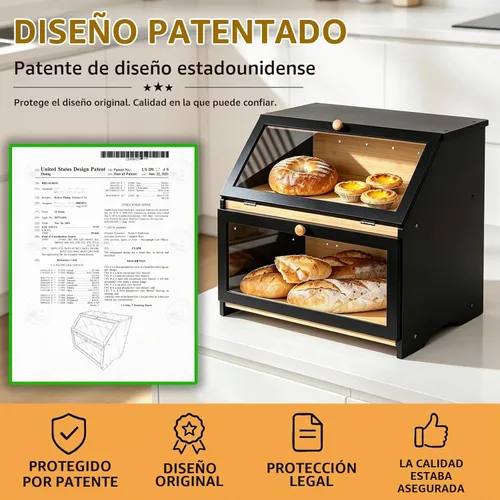 Vista 7 de HOMEKOKO Panera grande de doble capa para encimera de cocina, contenedor de almacenamiento de pan de madera de gran capacidad (negro)