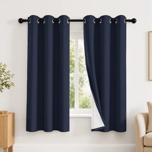 Vista 21 de 2 paneles de cortinas 100% opacas, de peso medio, con aislamiento térmico y ojales para dormitorio, sala de estar, tratamiento de ventana