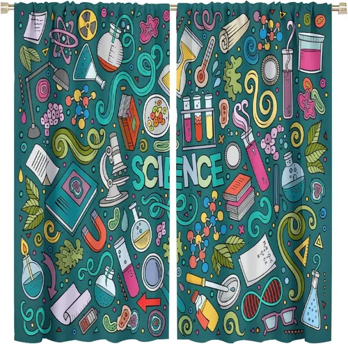 Vista 87 de Cortinas opacas para ventanas de ciencia para niños, lupa de libro de laboratorio de ciencia, lupa, frascos moleculares, cortinas impresas