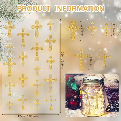 Vista 2 de Epakh 76 piezas de calcomanías de cruz de strass con brillo dorado, adhesivos brillantes de cristal, calcomanías autoadhesivas de cruz para ventanas