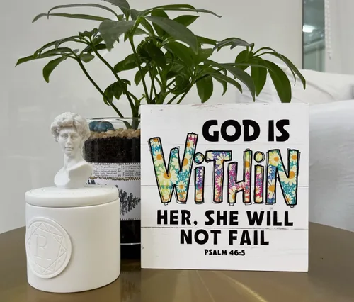 Vista 5 de Letreros de madera cristiana, versículo de la Biblia, Salmo 46:5 - God is Within Her, She Will Not Fail, decoración de mesa con diseño de girasol