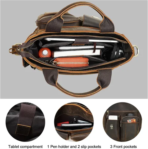 Vista 4 de TIDING Bolso de mensajero de cuero para hombre, bolso cruzado vintage, bolso de hombro para negocios, trabajo, bolso para tableta de 11 pulgadas