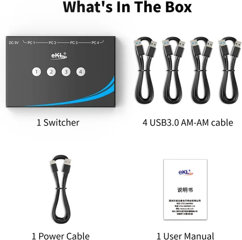 Vista 8 de eKL interruptor USB 3.0 para compartir entre 4 computadoras, 4 puertos USB 3.0, interruptor para PC, laptop, ratón, teclado, escáner, impresora