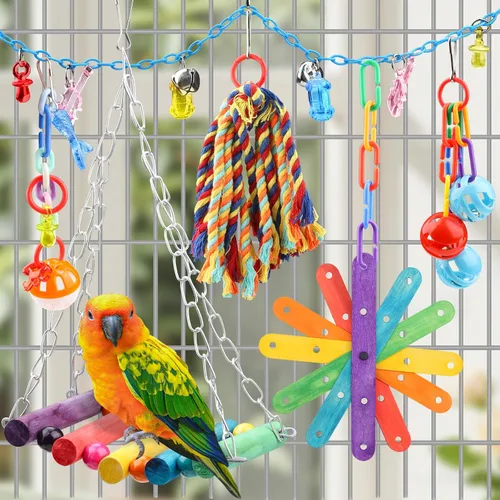 Vista 7 de QUOZUO 9 piezas de juguetes para pájaros de cacatúa, accesorios de jaula de loros, cuerda de columpio, juguete de masticación de perca de madera