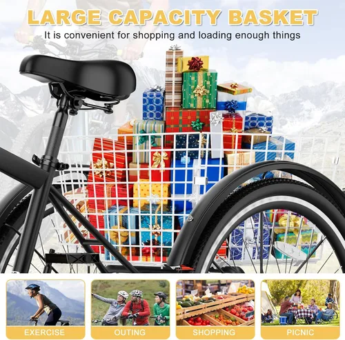 Vista 6 de NAIZEA Adult Mountain Tricycle, 7 Speed Three Wheel Cruiser Bike, 27.5 Inch Adults Trikes with Shopping Basket, Exercise Men's Women's Tricycles