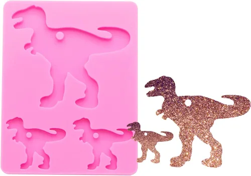 Vista 3 de Molde de resina de silicona con forma de dinosaurio, molde de resina para llavero de 3 cavidades, molde de fundición de resina para joyería