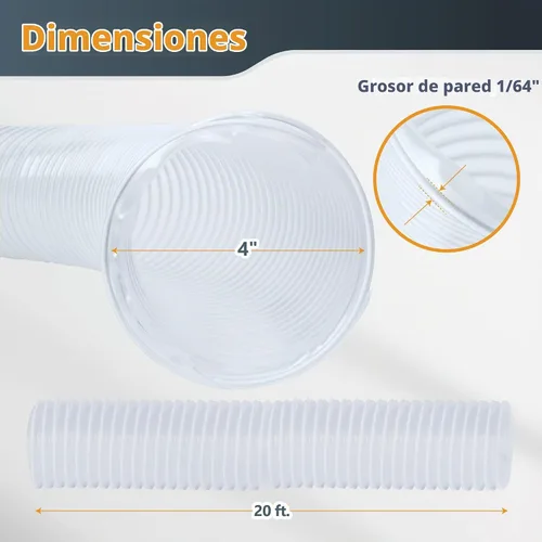 Vista 2 de Manguera flexible de PVC para recolección de polvo 70143 de Powertec, 4 pulgadas x 20 pies, transparente