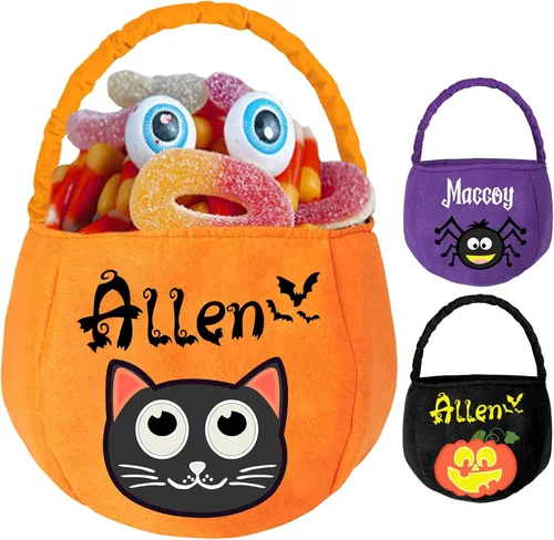 Vista 8 de Cubo de Halloween personalizado con nombre personalizado para trucos o tratos, bolsa de dulces personalizada para niños, bolsas de lona grandes