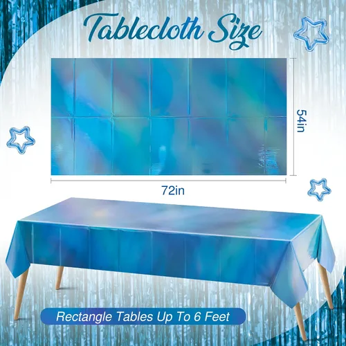 Vista 2 de 1 mantel de plástico iridiscente azul, desechable, brillante, de 54 x 72 pulgadas, mantel rectangular holográfico con láser, mantel de aluminio