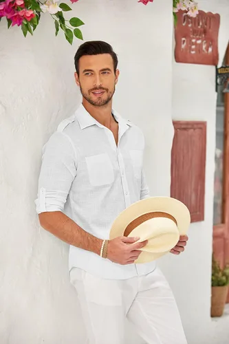 Vista 3 de COOFANDY Camisa de lino de algodón para hombre, manga larga, casual, con botones, para verano, playa, lisa, con bolsillos
