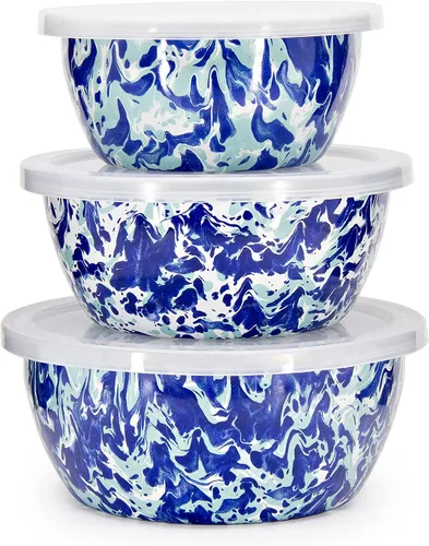 Vista 5 de Golden Rabbit Enamelware - Cuencos de almacenamiento anidables con tapas, juego de 3, camuflaje Mixing, Serving & Storage Bowls, Carbon Steel Core