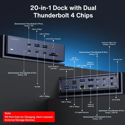 Vista 4 de iVANKY FusionDock Max 1 con adaptador DisplayLink, chips Dual Thunderbolt 4 para seis pantallas extendidas para M5/M4/M3/M2/M1 Pro/Max MacBook, Quad