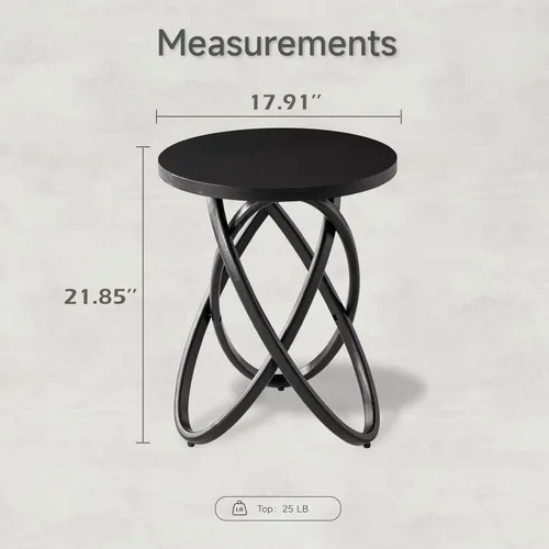 Vista 2 de COZAYH Mesa auxiliar redonda estilo granja de madera, mesa lateral rústica soporte para plantas con diseño de líneas entrelazadas para sala de Negro